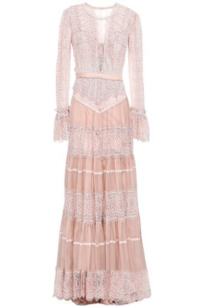 Shop Catherine Deane Woman Tiered Satin-trimmed Lace And Crepe Gown Baby Pink