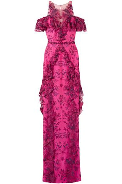 Shop Marchesa Notte Woman Cold-shoulder Ruffled Embroidered Tulle And Ponte Gown Fuchsia