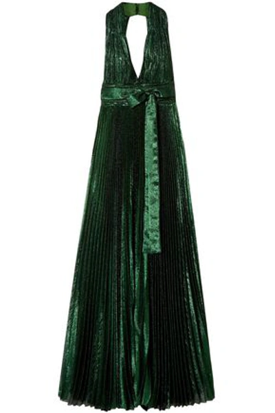 Shop Elie Saab Woman Open-back Pleated Silk-blend Lamé Gown Dark Green