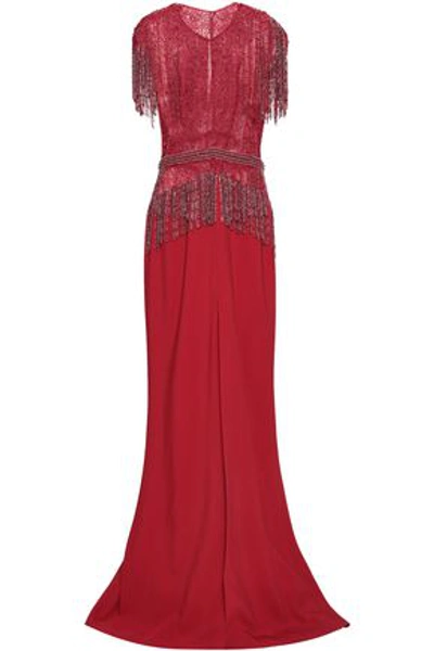 Shop Zuhair Murad Woman Fringed Silk-blend Tulle And Crepe Gown Claret