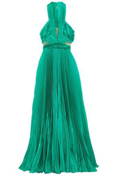 Shop Zuhair Murad Woman Cutout Silk-blend Plissé Maxi Dress Jade