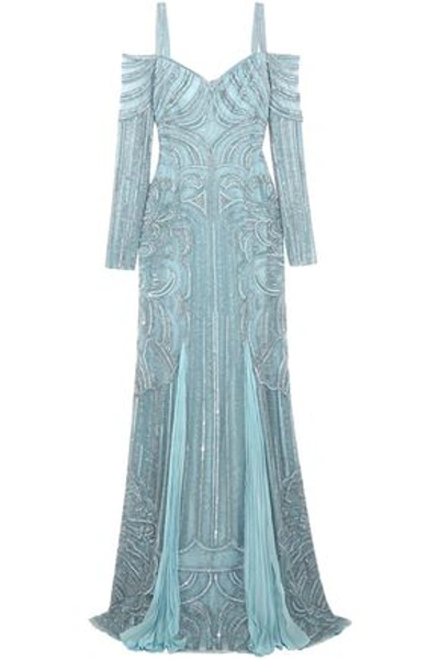Shop Zuhair Murad Woman Cold-shoulder Embellished Silk-bend Lace Gown Sky Blue