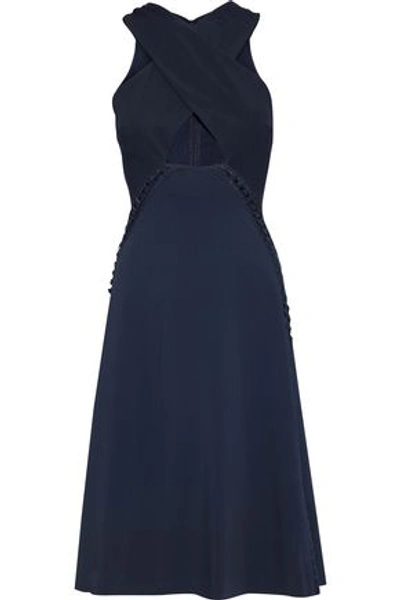 Shop Jonathan Simkhai Crossover Faille-paneled Lace-up Crepe Dress In Navy