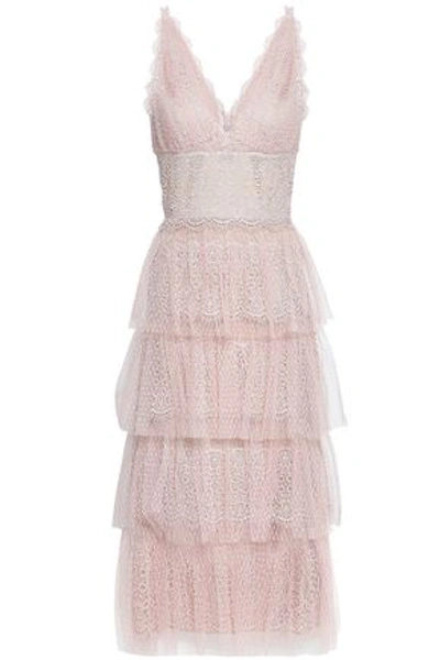 Shop Catherine Deane Katiana Tiered Lace Midi Dress In Pastel Pink