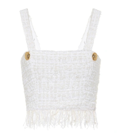Shop Balmain Fringed Tweed Crop Top In White