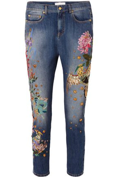 Shop Zuhair Murad Embroidered Embellished Low-rise Slim Boyfriend Jeans In Dark Denim