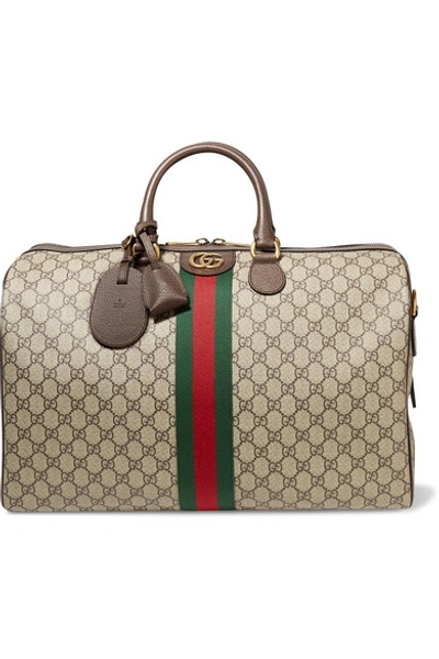Shop Gucci Ophidia Medium Textured Leather-trimmed Printed Coated-canvas Weekend Bag In Brown