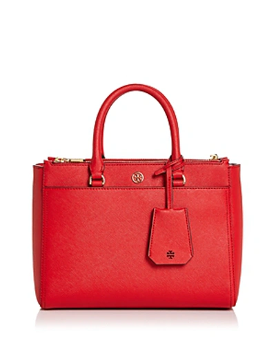 Shop Tory Burch Robinson Small Double Zip Leather Tote In Brilliant Red/gold