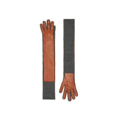 Shop Burberry Cashmere And Lambskin Longline Gloves In Tan/ Charcoal