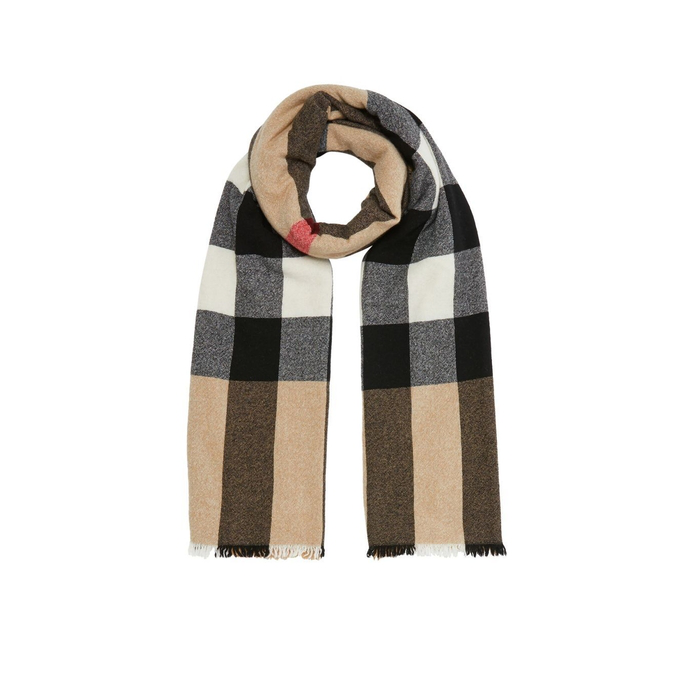 fringed check wool cashmere scarf