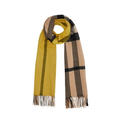 Shop Burberry Colour Block Check Cashmere Scarf