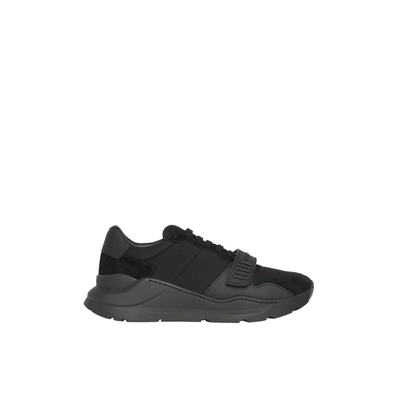 Shop Burberry Suede Neoprene And Leather Sneakers In Black/black