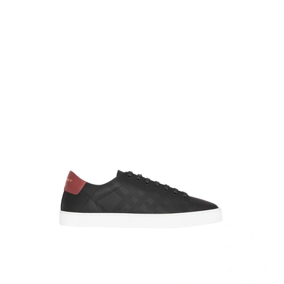 Shop Burberry Perforated Check Leather Sneakers In Black/deepclaretmel