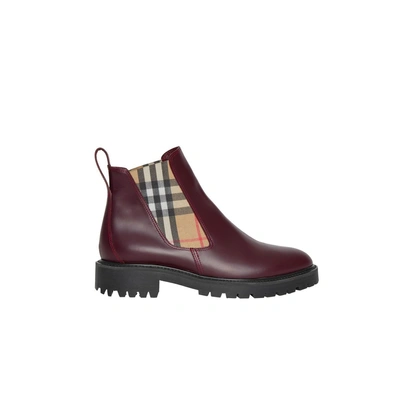 Shop Burberry Vintage Check Detail Leather Chelsea Boots In Oxblood