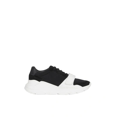 Shop Burberry Suede Neoprene And Leather Sneakers In Black/optic White