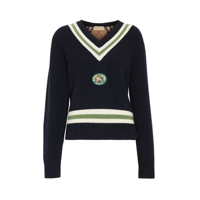 Shop Burberry Embroidered Crest Wool Cashmere Sweater In Navy