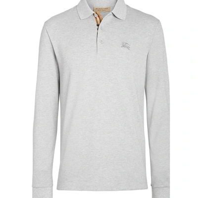 Shop Burberry Long-sleeve Cotton Pique Polo Shirt In Pale Grey Melange