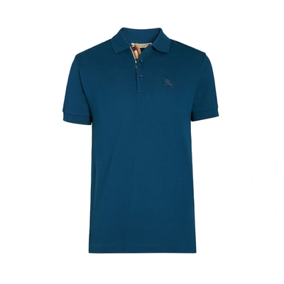 Shop Burberry Check Placket Cotton Polo Shirt In Deep Teal Blue
