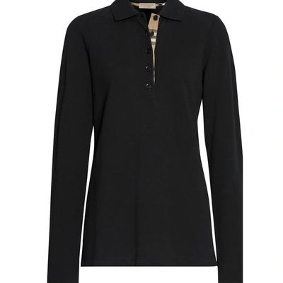 Shop Burberry Long-sleeve Check Placket Cotton Pique Polo Shirt In Black