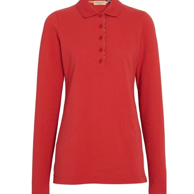 Shop Burberry Long-sleeve Check Placket Cotton Pique Polo Shirt In Bright Red