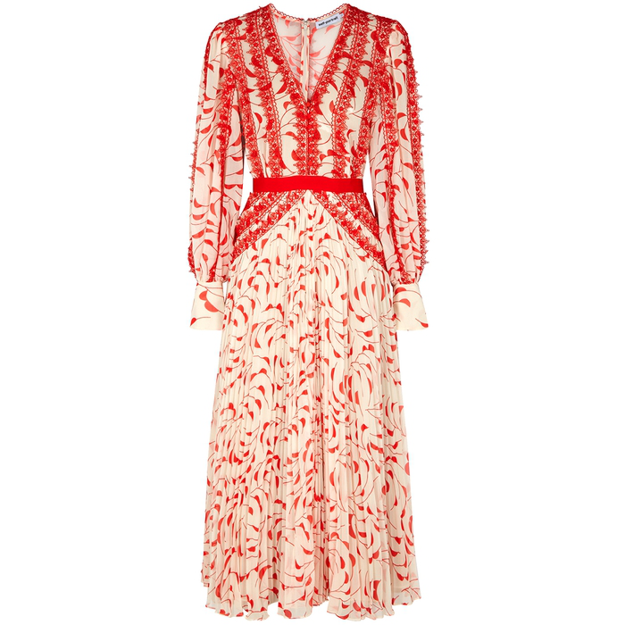 crescent printed chiffon midi dress