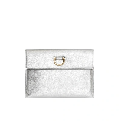 Shop Burberry D-ring Metallic Leather Pouch With Zip Coin Case In Silver