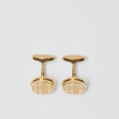 Shop Burberry Check-engraved Round Cufflinks In Light Gold