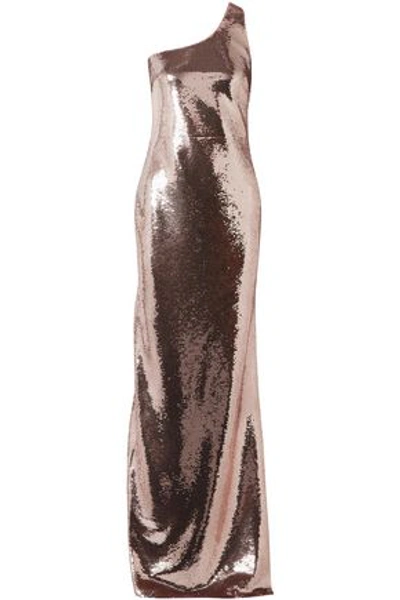 Shop Tom Ford Woman One-shoulder Sequined Stretch-mesh Gown Rose Gold