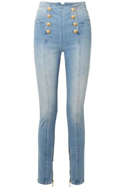 Shop Balmain Button-detailed Faded High-rise Skinny Jeans In Light Denim