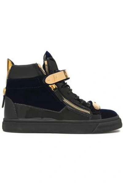 Shop Giuseppe Zanotti Smooth And Patent Leather-trimmed Velvet High-top Sneakers In Midnight Blue