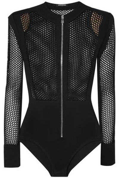 Shop Balmain Woman Open-knit And Stretch-jersey Bodysuit Black