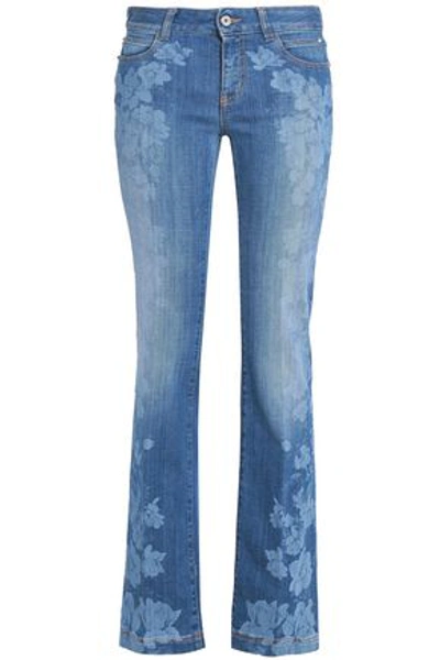 Shop Just Cavalli Woman Floral-print Faded Low-rise Bootcut Jeans Mid Denim