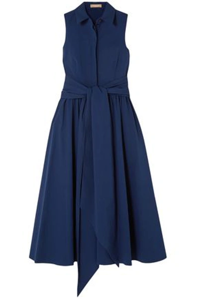 Shop Michael Kors Collection Woman Belted Stretch-cotton Poplin Midi Dress Navy