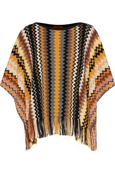 Shop Missoni Fringe-trimmed Crochet-knit Wool-blend Poncho In Yellow