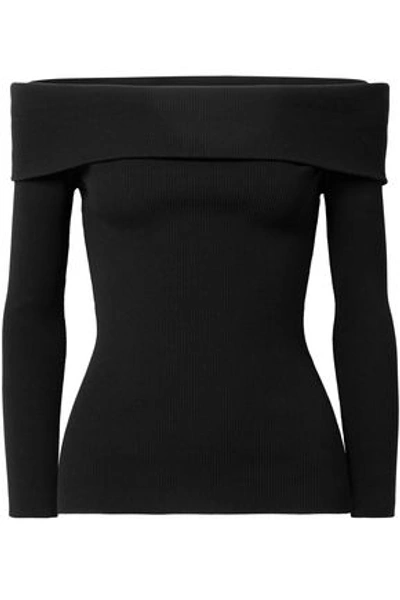 Shop Michael Kors Collection Woman Off-the-shoulder Ribbed-knit Sweater Black