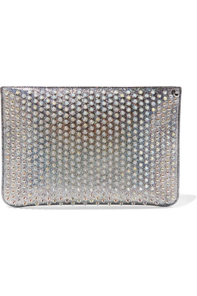 Shop Christian Louboutin Loubiclutch Spiked Glittered Leather Pouch In Silver