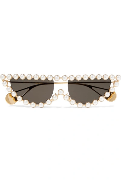 Shop Gucci Cat-eye Faux Pearl-embellished Gold-tone Sunglasses