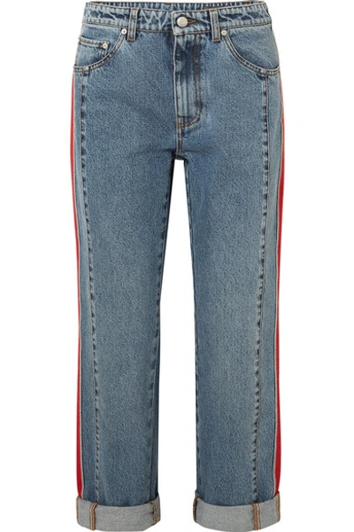 Shop Alexander Mcqueen Striped Grosgrain-trimmed Boyfriend Jeans In Blue