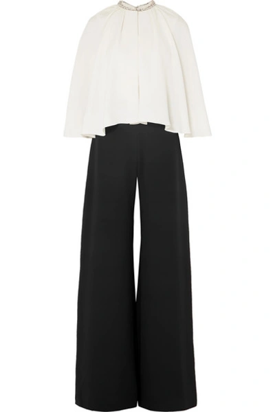 Shop Reem Acra Crystal-embellished Cape-effect Silk-cady Jumpsuit In Black