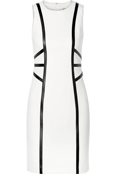 Shop Michael Kors Leather-trimmed Wool-blend Crepe Dress In White