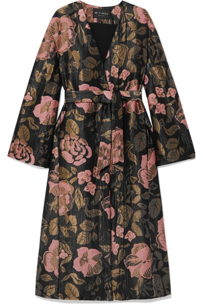 Shop Etro Belted Metallic Jacquard Coat In Black