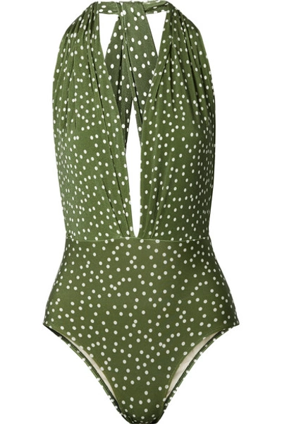 Shop Adriana Degreas Millie Polka-dot Halterneck Swimsuit In Army Green