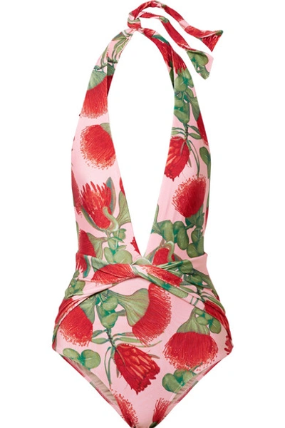 Shop Adriana Degreas Fiore Twist-front Floral-print Halterneck Swimsuit In Antique Rose