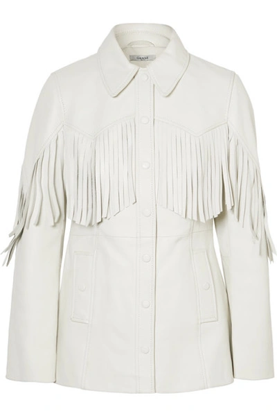 Shop Ganni Fringed Textured-leather Jacket In White