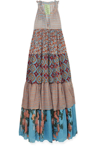 Shop Yvonne S Hippy Tiered Printed Cotton-voile Maxi Dress In Blue