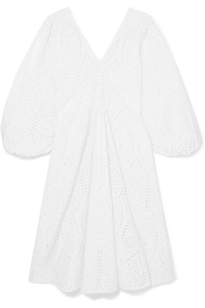 Shop Ganni Broderie Anglaise Cotton Midi Dress In White