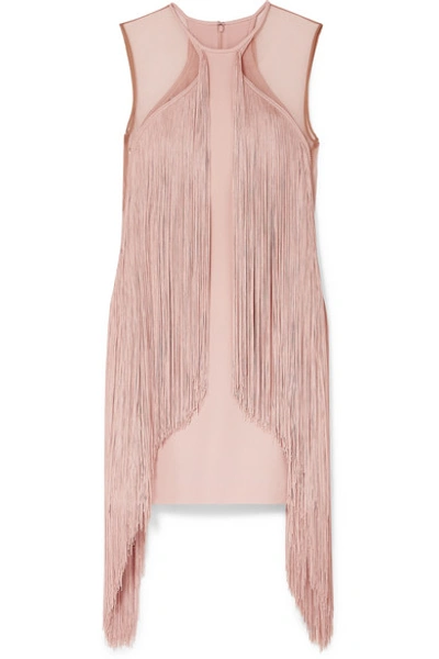 Shop Stella Mccartney Tulle-paneled Fringed Stretch-cady Mini Dress In Blush