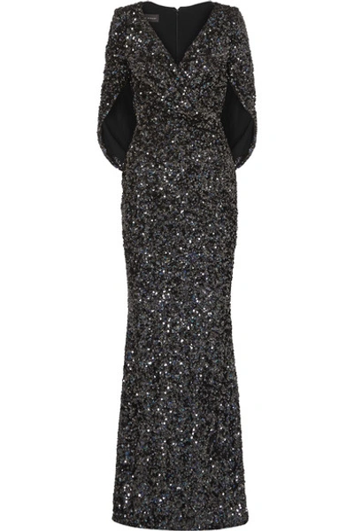Shop Talbot Runhof Rosin Cape-effect Sequined Crepe Gown In Black