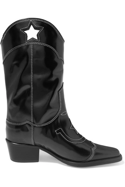 Shop Ganni Embroidered Patent-leather Cutout Boots In Black