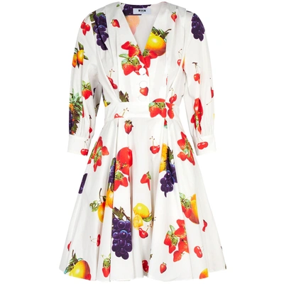 Shop Msgm White Fruit-print Poplin Dress
